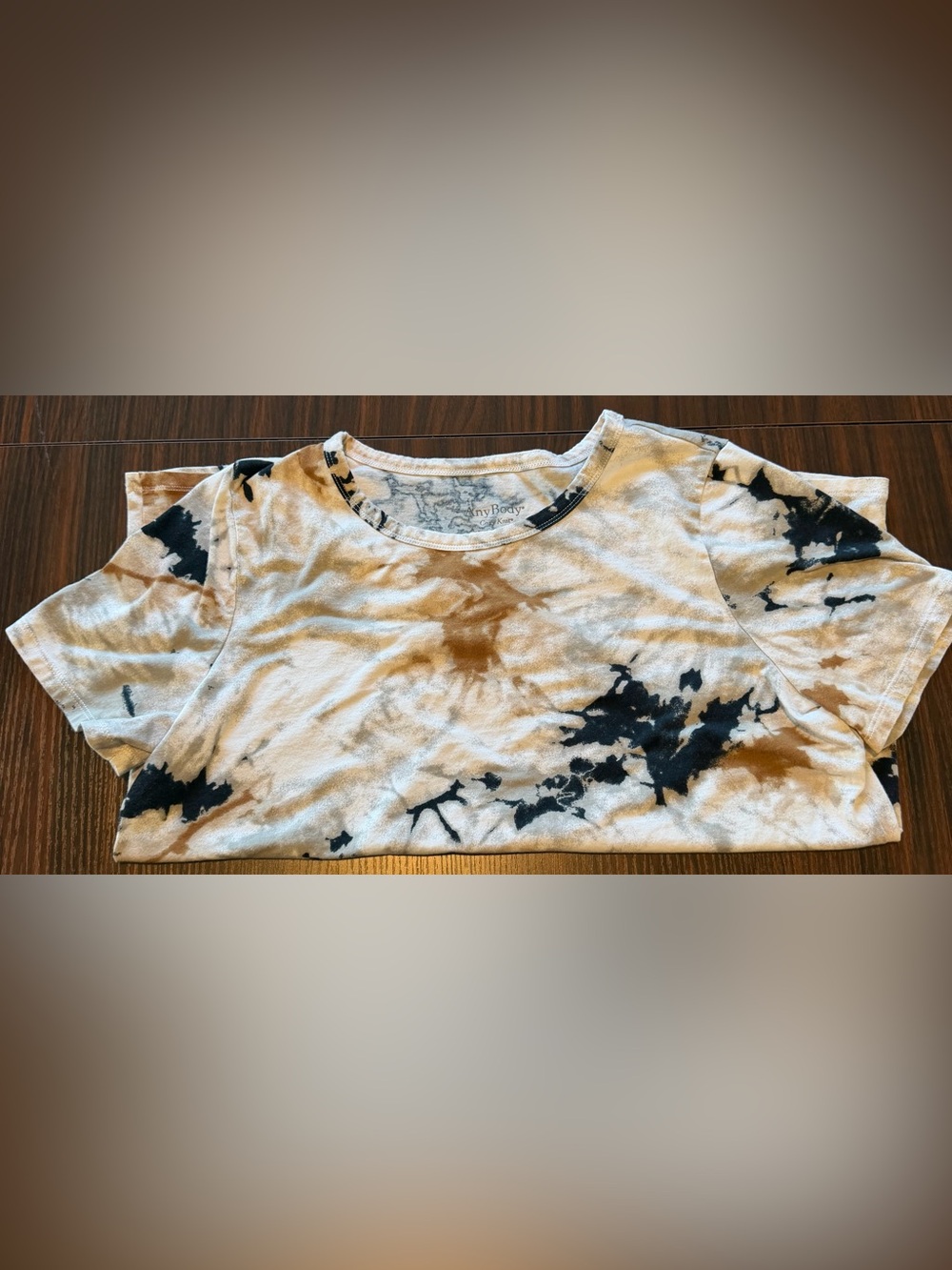 AnyBody Women’s Cream with Black and Brown Tie Dye Cozy Knit T shirt Size L